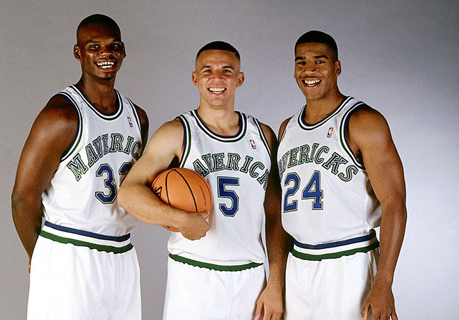 Jason Kidd Jamal Mashburn & Jimmy Jackson Dallas Mavericks Unsigned Hardwood Classics The Three J's Media Day Portrait Photograph