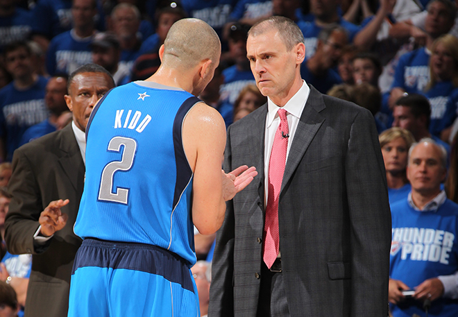 OKLAHOMA CITY, OK - MAY 21:  Jason Kidd #2 of the Dallas Mavericks talks to head coach Rick Carlisle during a break in the action against the Oklahoma City Thunder during Game Three of the Western Conference Finals in the 2011 NBA Playoffs on May 21, 2011 at Oklahoma City Arena in Oklahoma City, Oklahoma.  NOTE TO USER: User expressly acknowledges and agrees that, by downloading and or using this photograph, User is consenting to the terms and conditions of the Getty Images License Agreement. Mandatory Copyright Notice: Copyright 2011 NBAE  (Photo by Joe Murphy/NBAE via Getty Images)