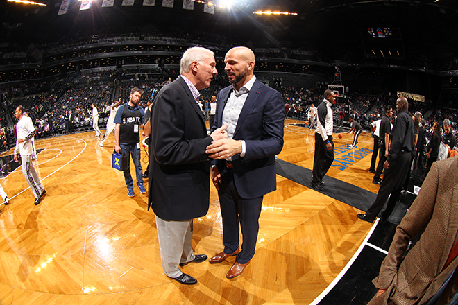 NEW YORK, NY - FEBRUARY: Gregg Popovich of the San Antonio Spurs and Jason Kidd of the Brooklyn Nets greet each other before a game at the Barclays Center on February 06, 2014 in the Brooklyn borough of New York City.  NOTE TO USER: User expressly acknowledges and agrees that, by downloading and/or using this Photograph, user is consenting to the terms and conditions of the Getty Images License Agreement. Mandatory Copyright Notice: Copyright 2014 NBAE (Photo by Nathaniel S. Butler/NBAE via Getty Images)
