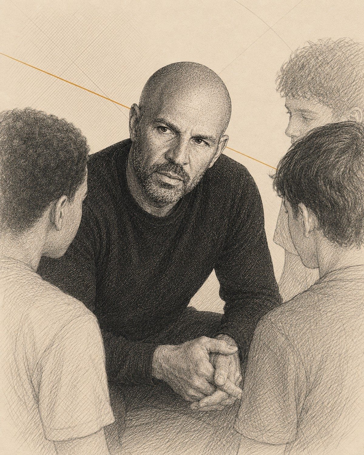 Engraved illustration of Jason Kidd in a huddle with young athletes