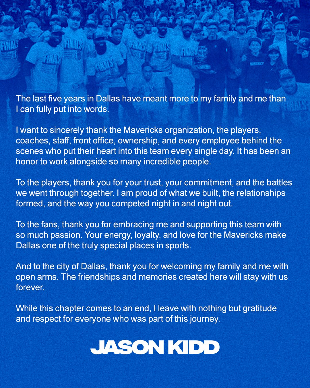 Jason Kidd’s written statement thanking the Dallas Mavericks organization, staff, players and fans