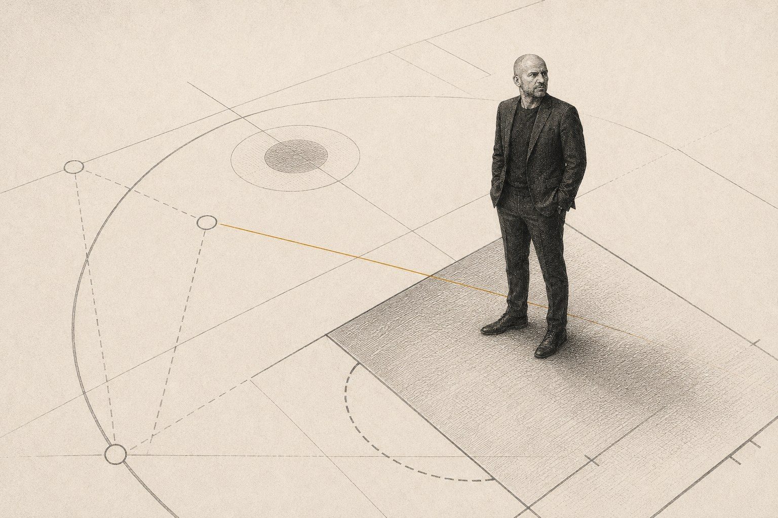 Engraved illustration of Jason Kidd standing on a drafted court diagram, a pass line drawn across the floor