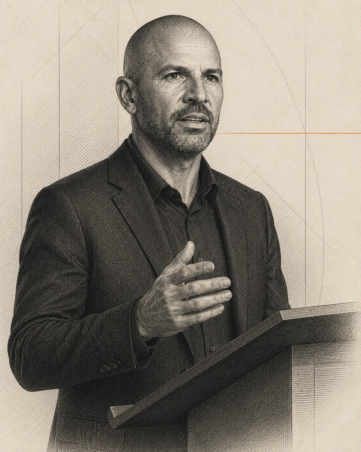 Engraved illustration of Jason Kidd speaking at a lectern